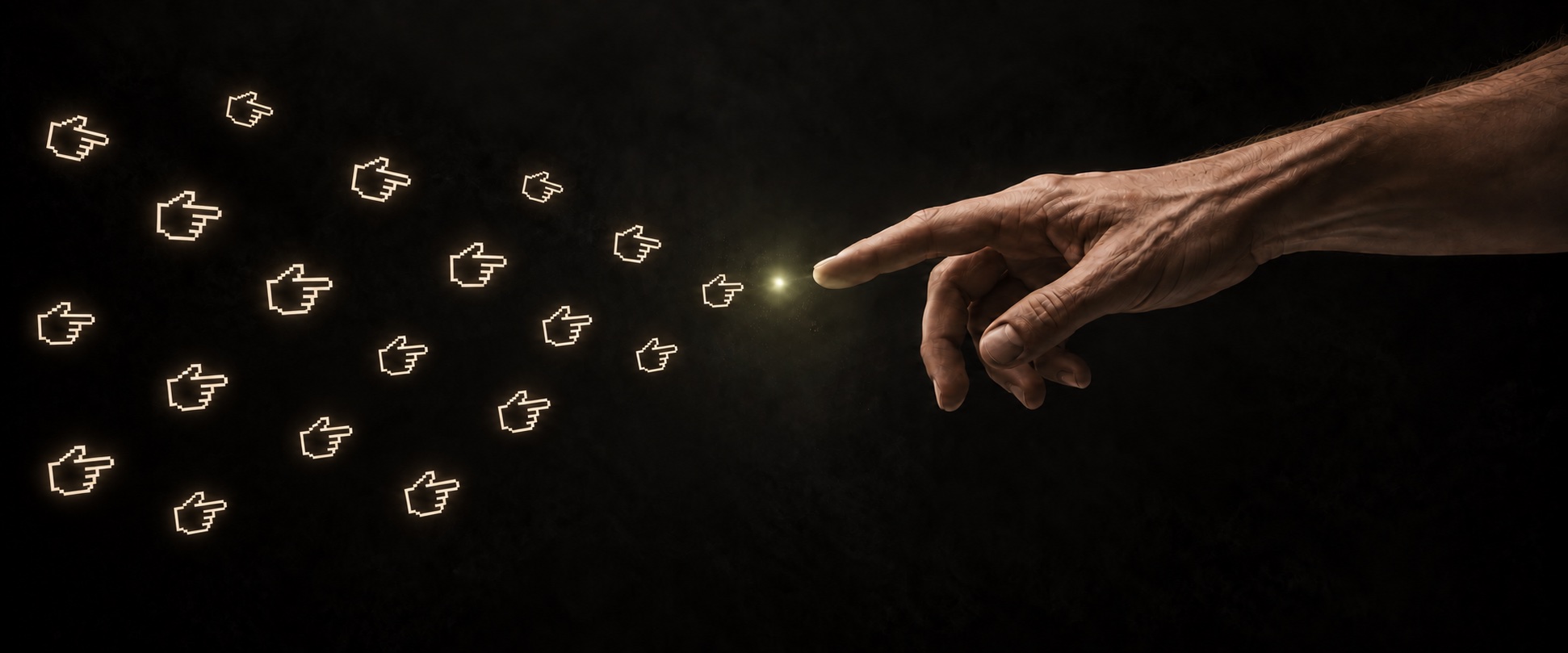 Individual cursor hands converge from the left toward a point of light beside a human fingertip on the right.